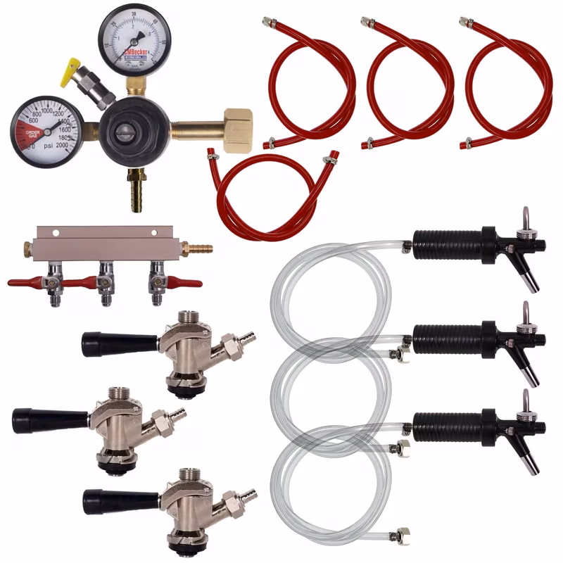 3 Tap Event Keg Kit with Flow Control Faucets and Dual Gauge Regulator