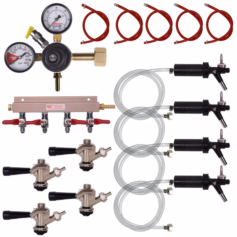 4 Tap Event Keg Kit with Flow Control Faucets and Dual Gauge Regulator